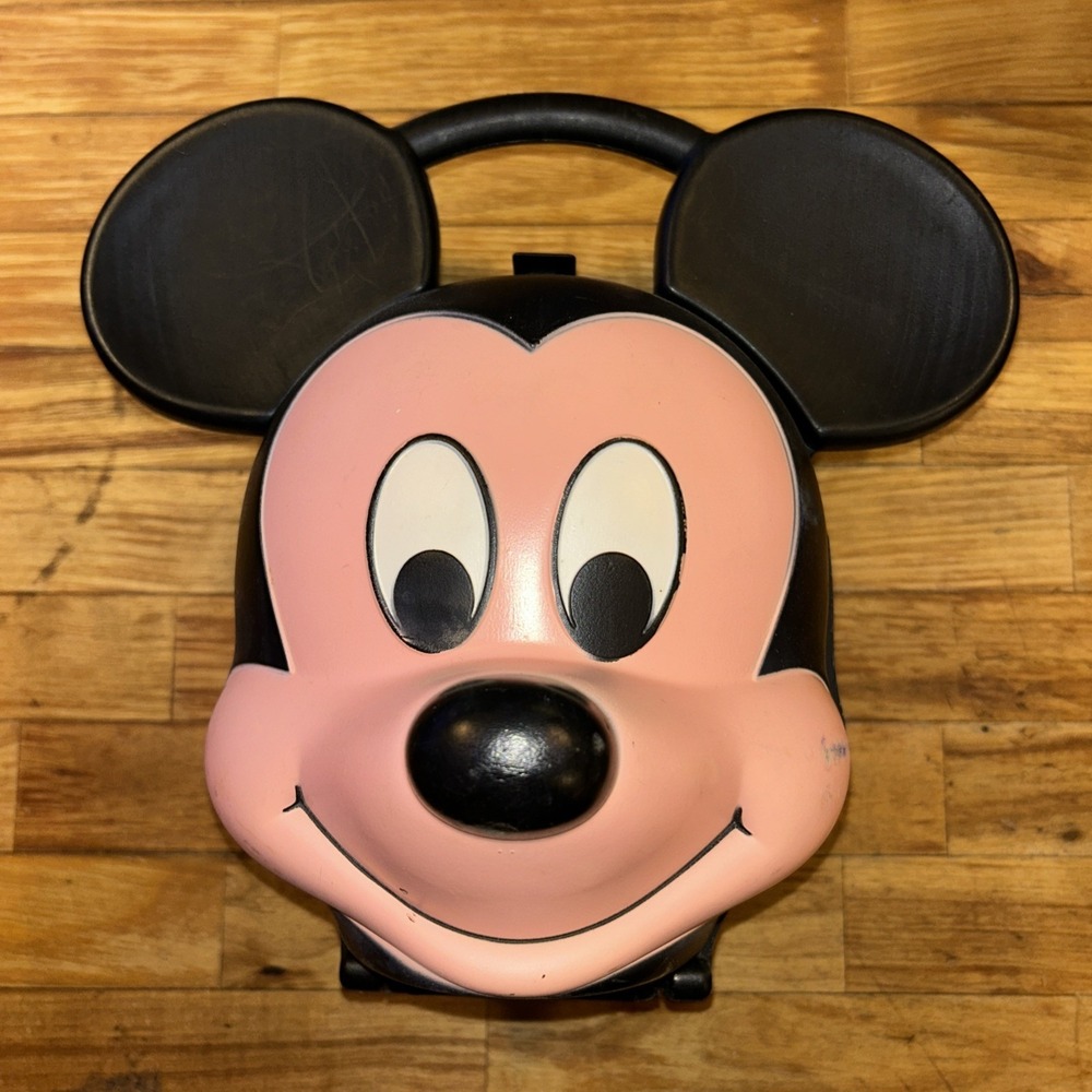 Vtg Walt Disney Mickey Mouse Head Aladdin No Thermos Hard Plastic Lunch Box 9.5"